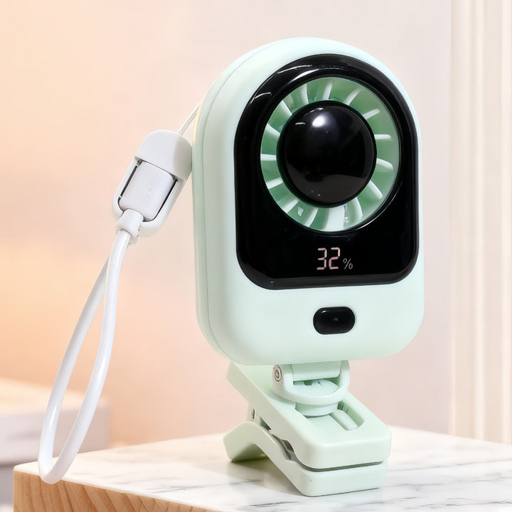 Oppladbar sommer-vifte for personlig kjøling. Kompakt USB-bordvifte med LCD for enkel oversikt, bærbar.