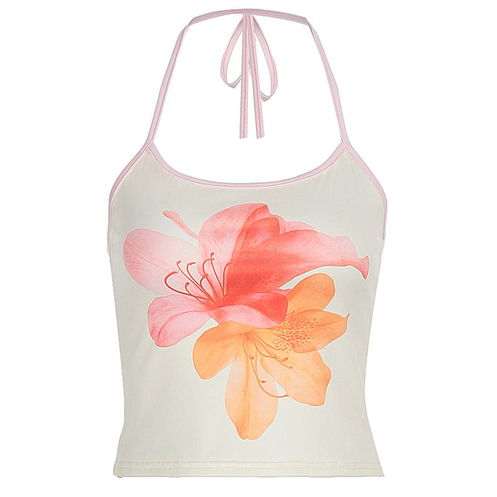 Festival-klar fargerik crop-top med blomstermønster og halterneck for dame. En trendy sommertopp.