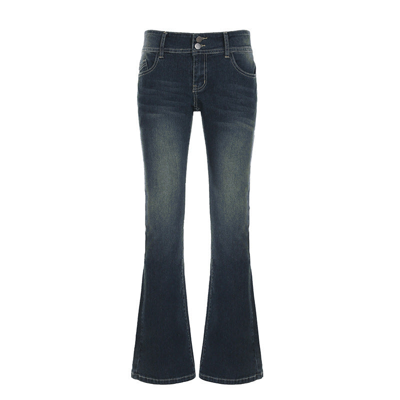 Sideprofil av elegante blå flared jeans med høy midje, viser flatterende passform og retro stil.