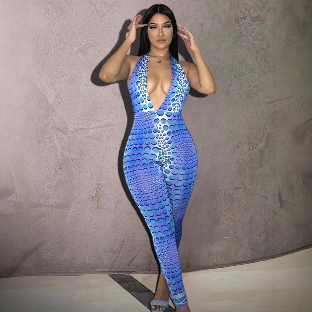 Figurnær bodycon jumpsuit for kvinner, mønstret, med elegant V-hals. Ideell for kveldsantrekk og sommerfest.