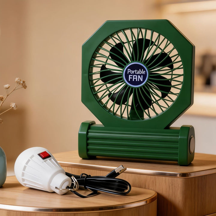 Grønn kompakt USB vifte med lavt støynivå og fleksibel vinkel. Ideell bærbar vifte for kontor og hjemmekjøling.