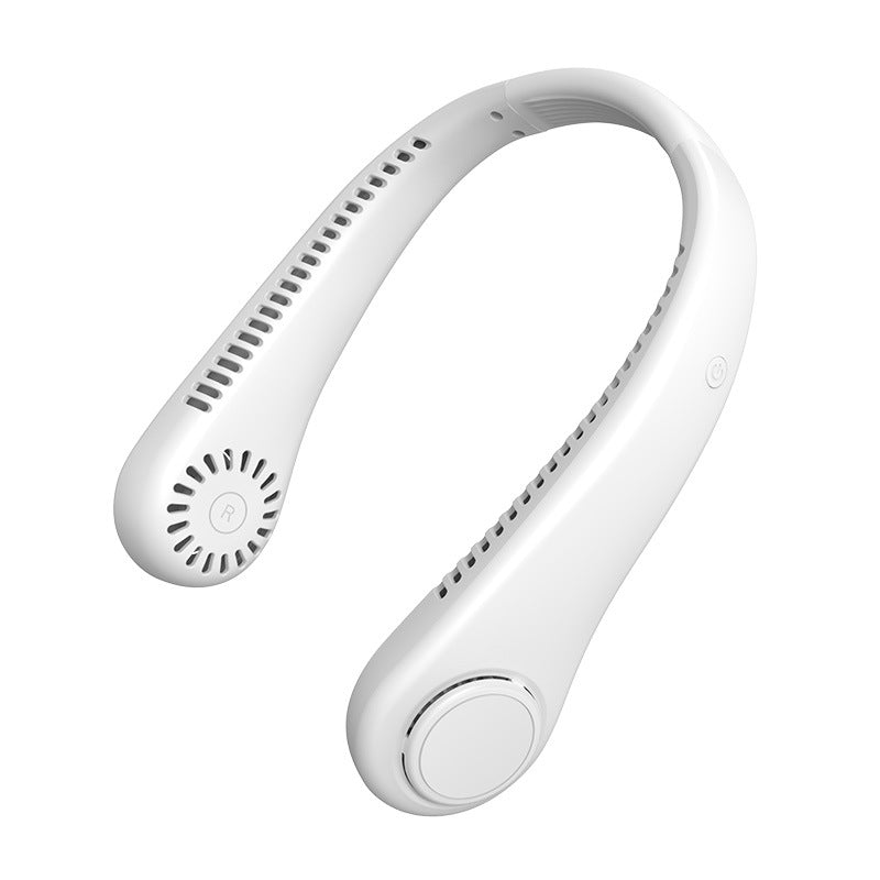 Bærbar nakkefløyte i hvitt for avkjøling. Justerbar vifte med USB, perfekt for sommer og utendørs bruk.