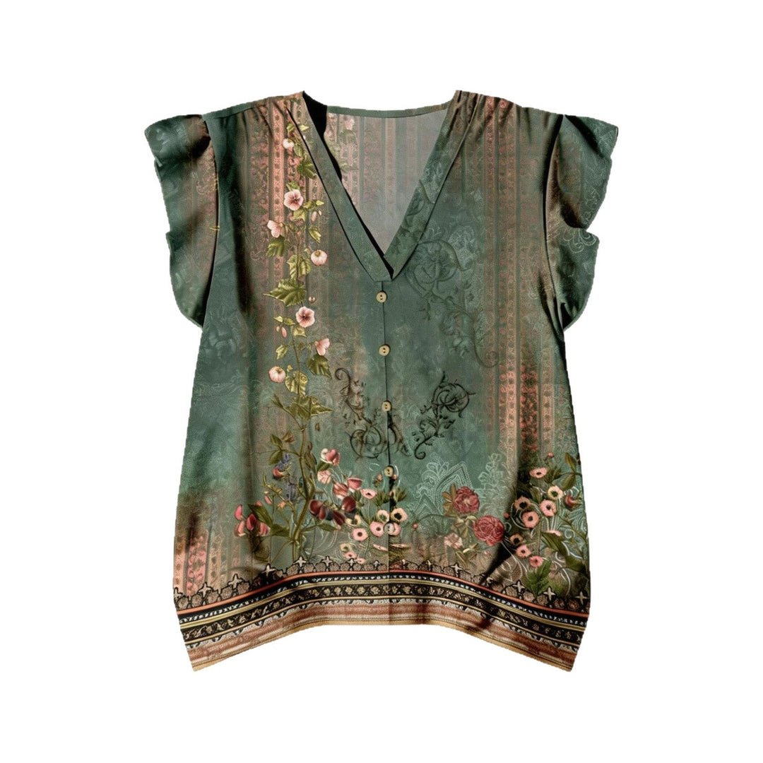 Komfortabel damebluse med fargerikt blomstermønster og flatterende V-hals for kvinner.