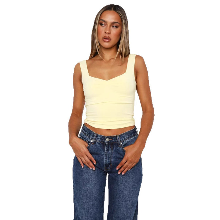 Grå figurnær dame crop-top med V-hals og brede stropper. Motebevisst, komfortabel sommer topp.