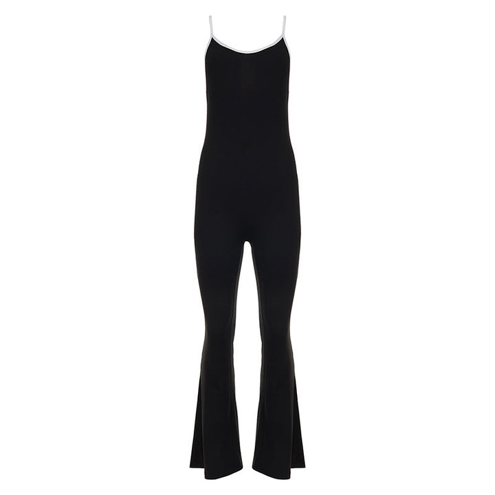 Ekte elegant svart dame jumpsuit med fluffy stoff, vide ben og unik ryggutskjæring for moderne kvinner.