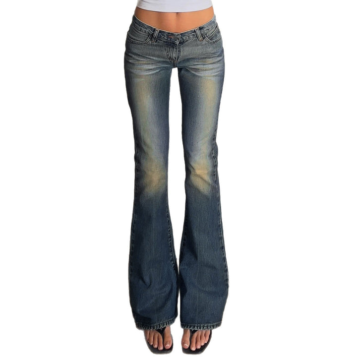 Ryggdetaljer på høymidjede dame flared jeans med trendy bruktlook, komfortabel passform for kvinner.
