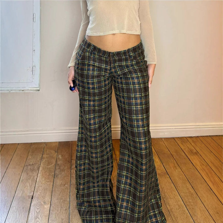 Elegante rutete damebukser, høy midje bellbottom for fest og hverdag. Moderne og stilfulle.