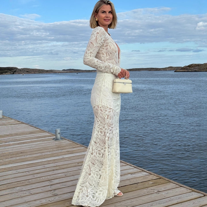Romantisk midi blondeskjørt for kvinner, med elegant høy midje og detaljert blomsterbroderi.