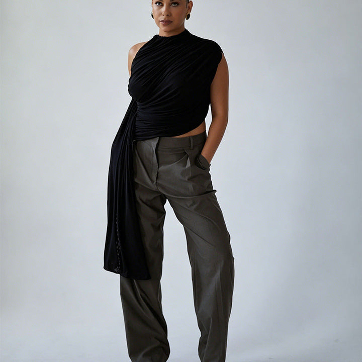Elegant dametopp: asymmetrisk med draperinger. Perfekt som festtopp eller stilfull hverdagstopp.