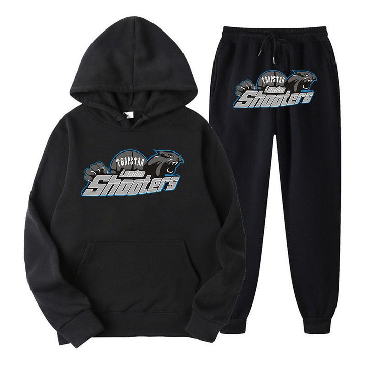 Svart unisex hettegenser og joggebukse sett, perfekt for urban komfort og avslappet stil.