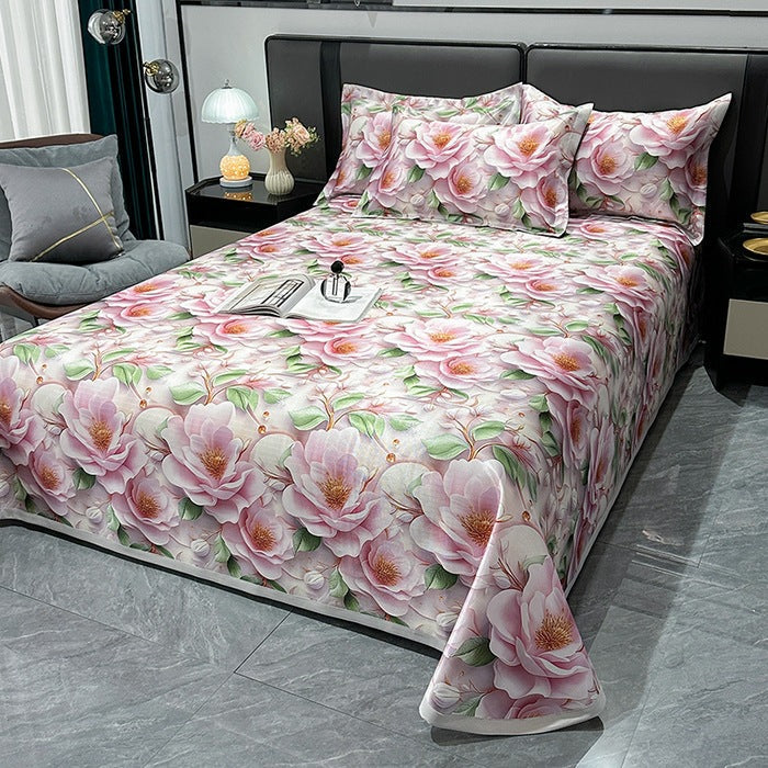 Elegant sengeteppe i et lyst soverom, fremhever blomster- og svanedesign; perfekt hjemmeinnredning.