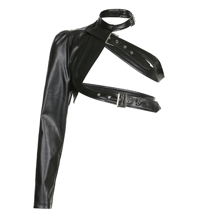 Elegant svart dame topp med asymmetrisk hals og dristig, justerbar design for fashion-forward look.
