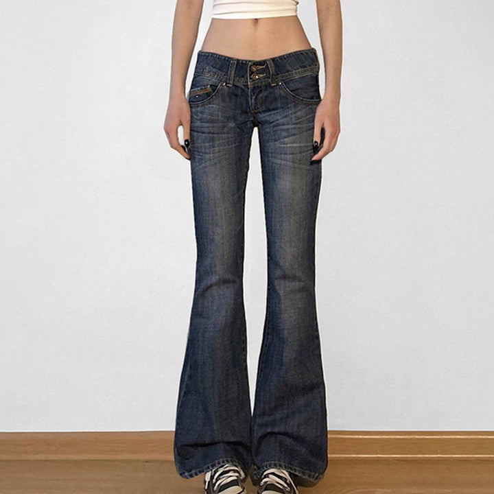 Blå flared damejeans med høy midje, elegant retro stil for vår/sommer, komfortabel passform.