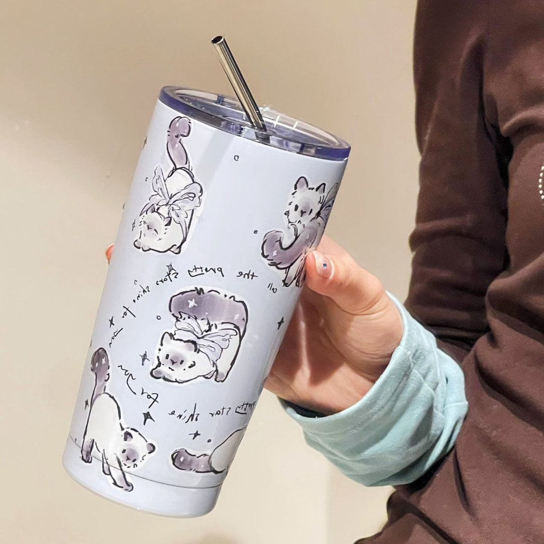 Gaveklar isolert drikkekopp, 600 ml, med søt hund. Perfekt reisekopp for kvinner til trening eller jobb.