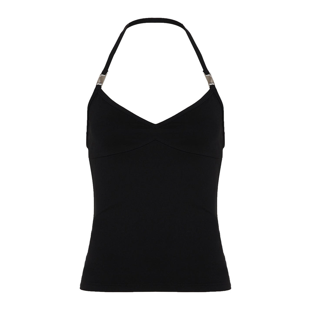 Elegant sort dame spaghetti-topp med V-hals for fest. En stilfull og komfortabel basistopp for varme dager.