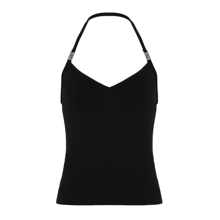 Elegant sort dame spaghetti-topp med V-hals for fest. En stilfull og komfortabel basistopp for varme dager.