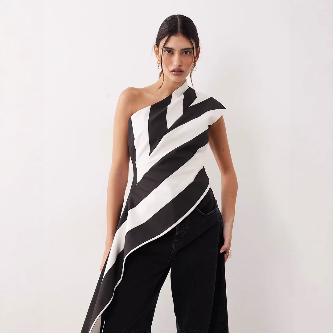 Dame elegant asymmetrisk stripete omslagstopp, perfekt for vår og sommer.