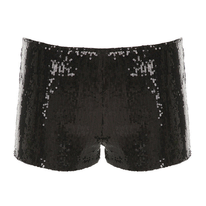 Dame shorts, figurnær passform, svart farge, med dekorative nagler og romslige sidelommer vist fra siden.