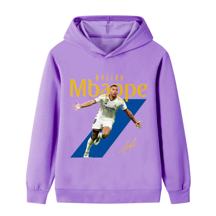 Svart Mbappé fotball hoodie til barn, moderne barneklær for aktive og trendy ungdommer.