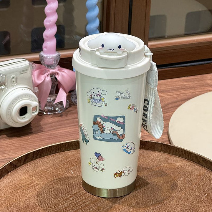 Lett isolasjonskopp for damer, 350 ml, med unikt tegneseriefigur design i hvit og rosa.