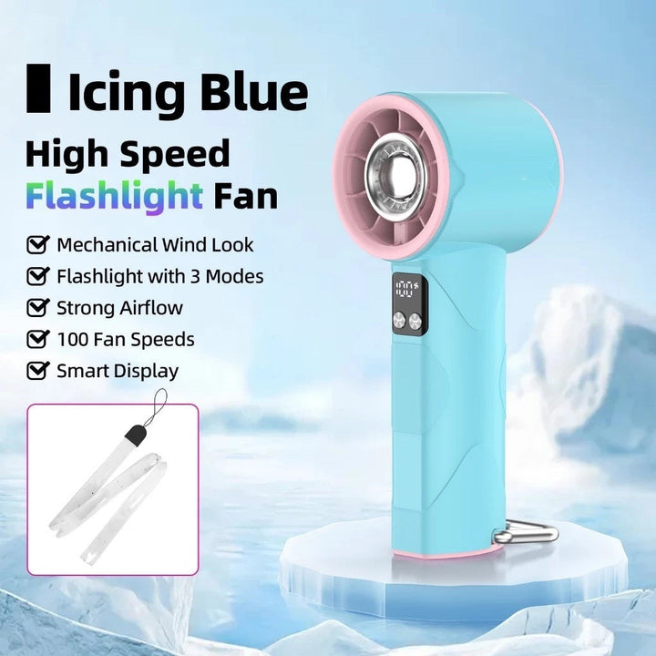 Portabel USB-ladbar vifte med kraftig luftstrøm og innebygd LED-lys. Ideell for utendørsbruk og sommer.