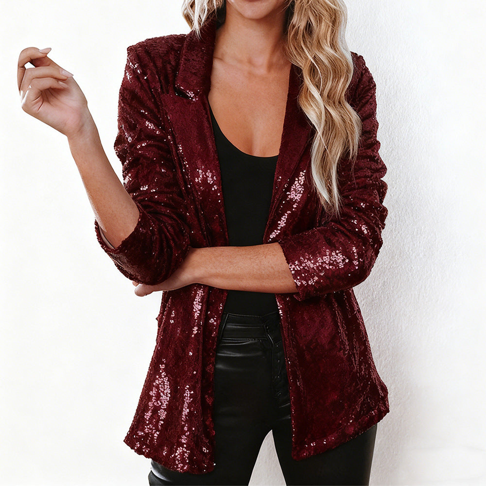 Allsidig glitrende kvinneblazer. Elegant paljettjakke for fest, bryllup eller kveldsbruk, et statementplagg.