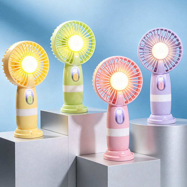 Essensiell sommer USB vifte med LED-lys og temp.visning; perfekt for kjøling på farten. Bærbar.
