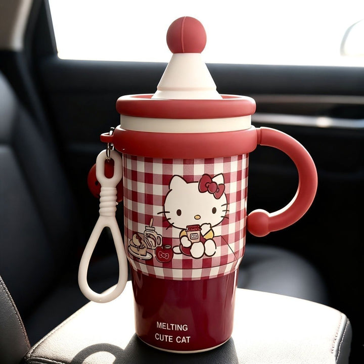 Søt isolert drikkekopp for kvinner, 600ml, med kattemotiv. Perfekt reisekopp for kaffe eller te.