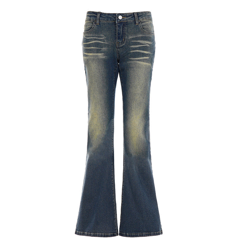 Vårens og sommerens moteriktige dame flared jeans, høy midje med bruktlook for en avslappet stil.