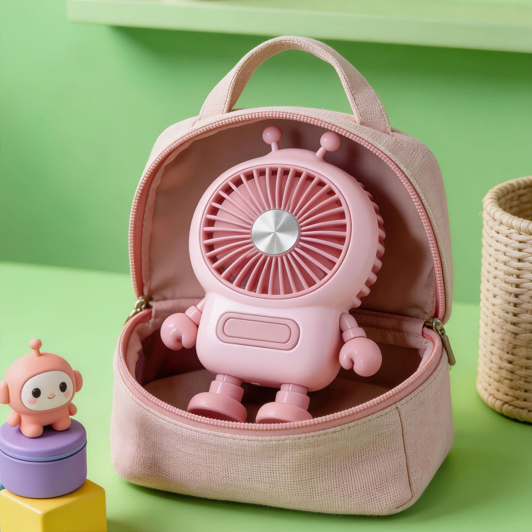 Bærbar mini håndvifte med unikt robotdesign for effektiv personlig kjøling, ideell for sommer og reise.