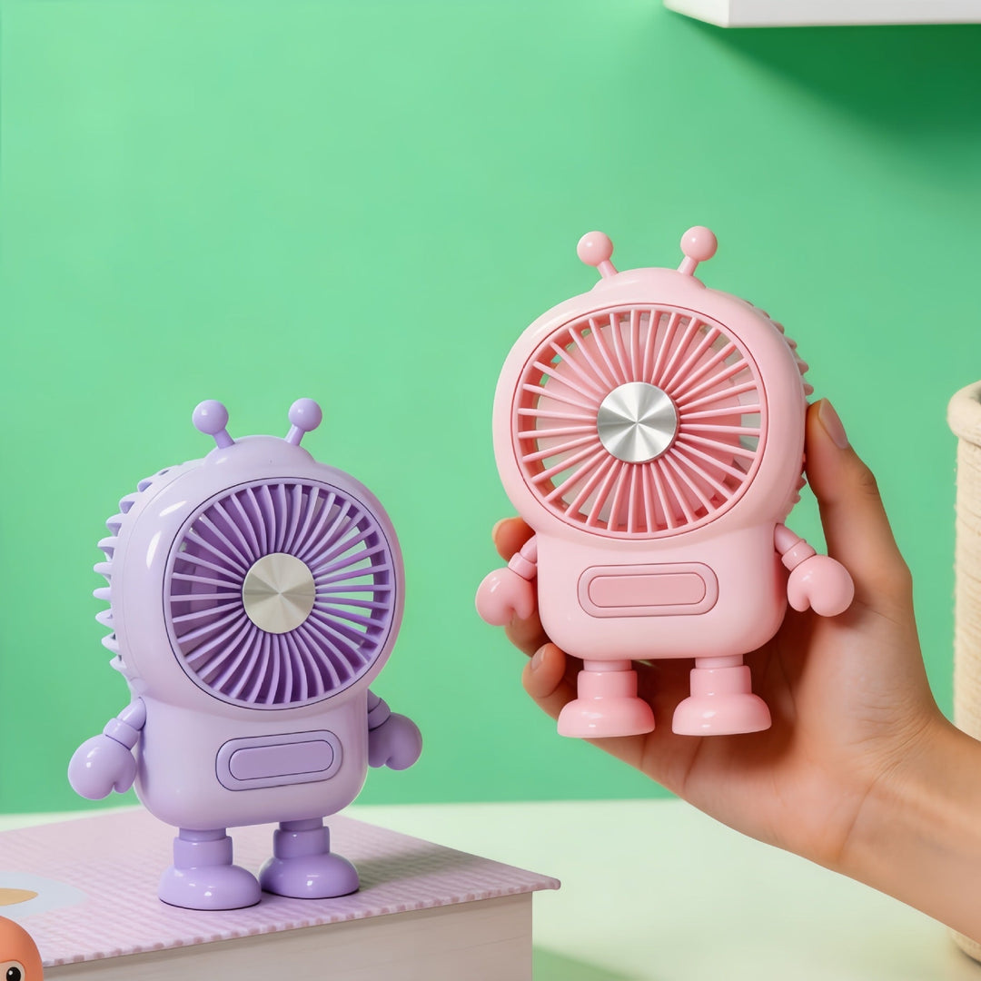 Lilla bærbar robot mini-vifte for personlig kjøling, ideell for sommer og reiseutstyr.
