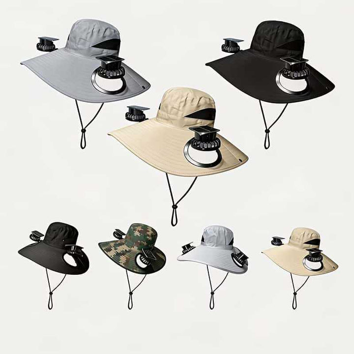 Praktisk unisex solhatt med UV-beskyttelse og vifte, ideell for fotturer og reise i solen.