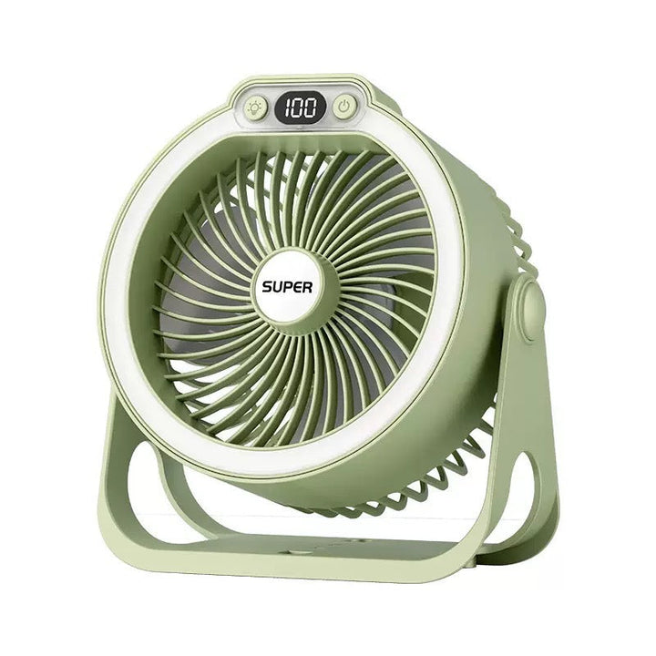 Moderne skrivebordsvifte med LED-skjerm og justerbare innstillinger. Kompakt design for kontor/personlig bruk.