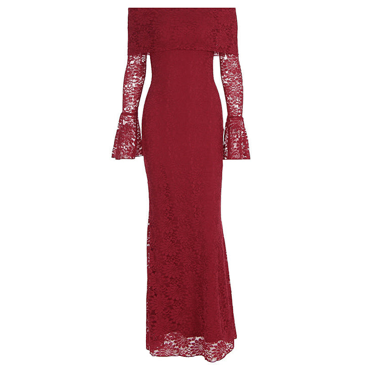 Elegant off-shoulder kveldskjole i rød, lang damekjole for formelle fester.
