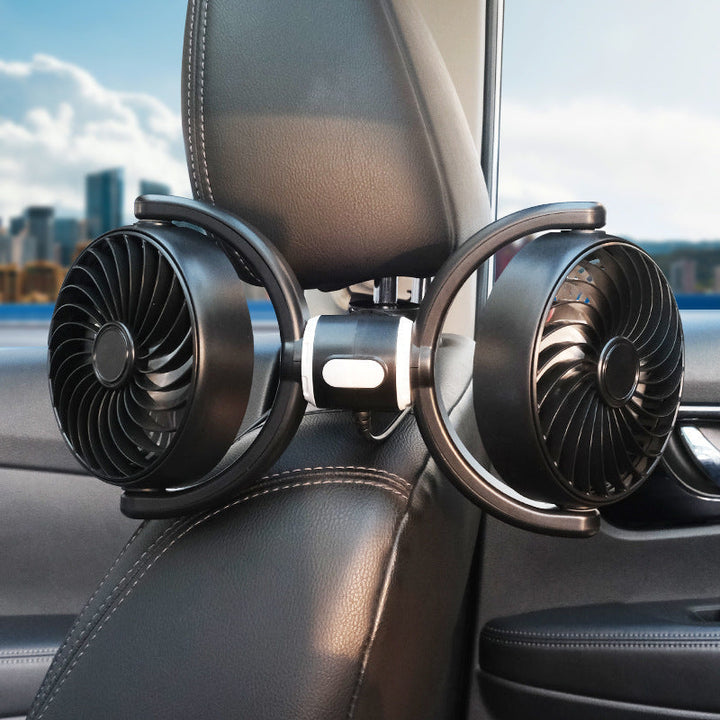 Dobbel USB bilvifte med fleksibel holder for effektiv kjøling i bilen. Svart, perfekt for sommer og reisekomfort.
