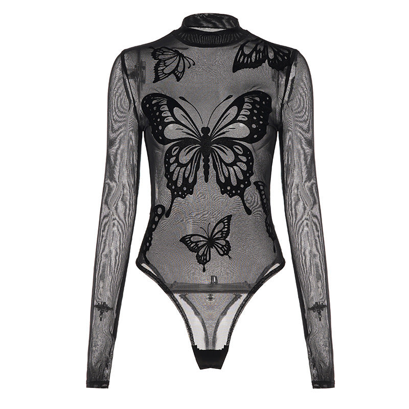 Trendy gjennomsiktig bodysuit for kvinner med sommerfugldesign. Ideell for stilfulle anledninger.
