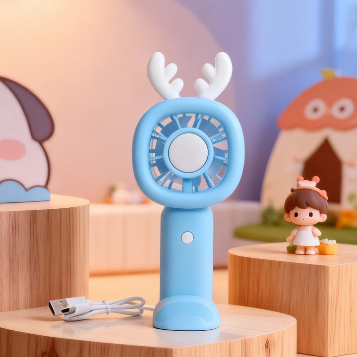 Bærbar mini vifte med kanindesign, i blått eller rosa, perfekt gadget for sommer og kontor.