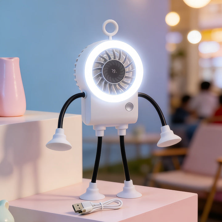 Dekorativ bordvifte med kraftig kjøleeffekt og dynamisk LED-belysning, perfekt for moderne interiør.