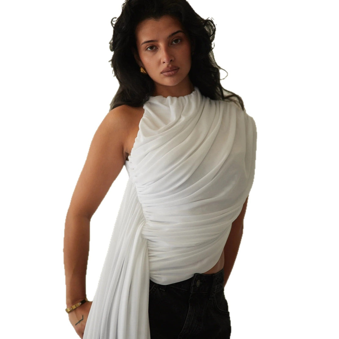 Dame asymmetrisk topp med flytende draperinger; en komfortabel og elegant hverdagsmote.