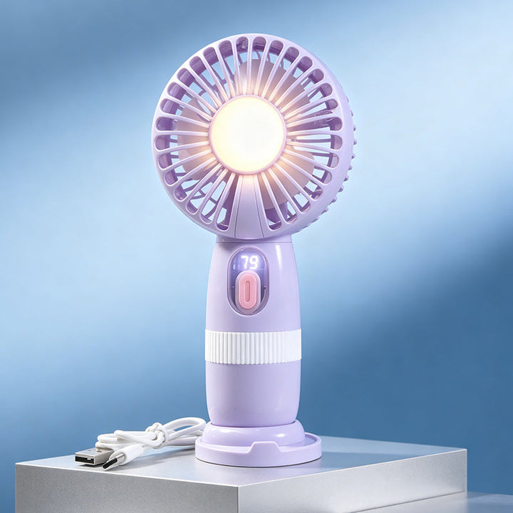 Oppladbar USB håndvifte for kvinner, med LED-lys og digital temperaturvisning for varme dager.