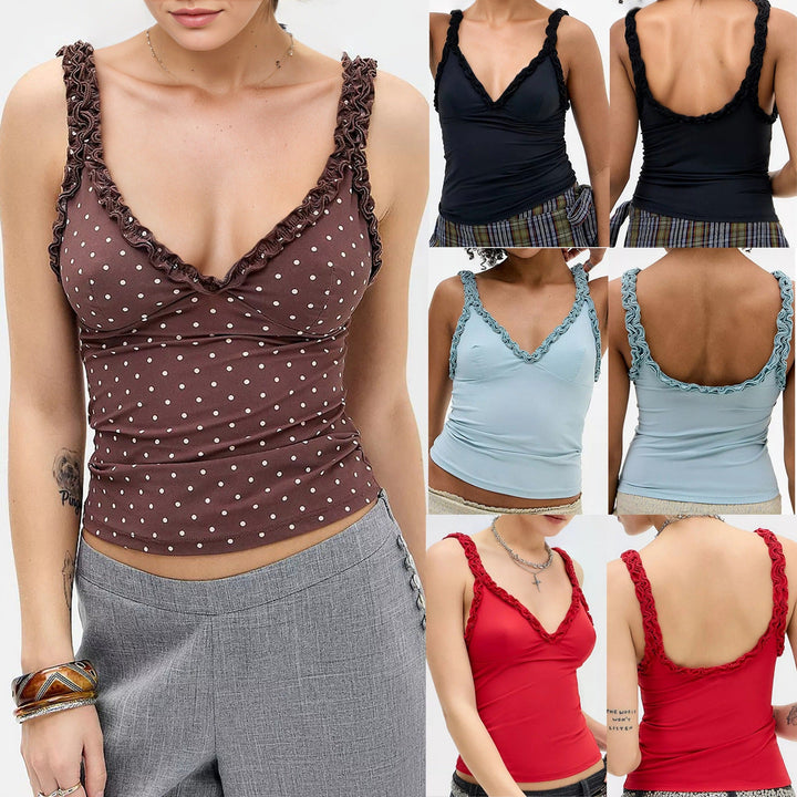 Dames volangtopp med V-hals, ideell for en komfortabel og elegant sommermote.