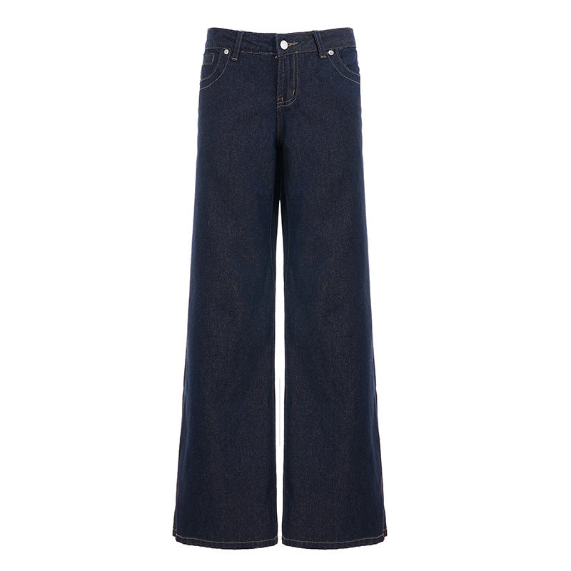 Stilige mørkeblå vide dame jeans i avslappet passform, stylet for en trendy og komfortabel hverdagslook.