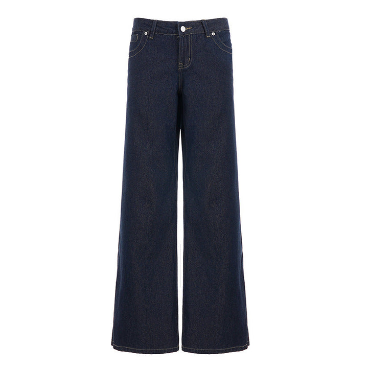 Stilige mørkeblå vide dame jeans i avslappet passform, stylet for en trendy og komfortabel hverdagslook.