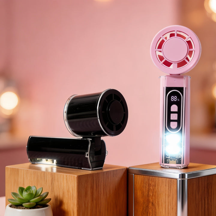 Nærbilde av en elegant turkis bærbar håndvifte med klart LED-lys. USB vifte for kjøling og stemningslys.