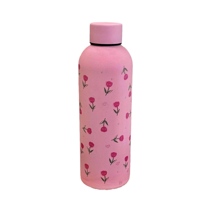 Beige isolert drikkeflaske, 500ml, med elegant blomsterdesign. Perfekt for dame, reise.