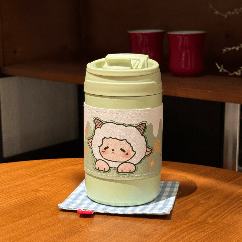 Søt kaninmotiv på rosa isolert kaffekopp (500ml). Gjenbrukbar dame termokopp.