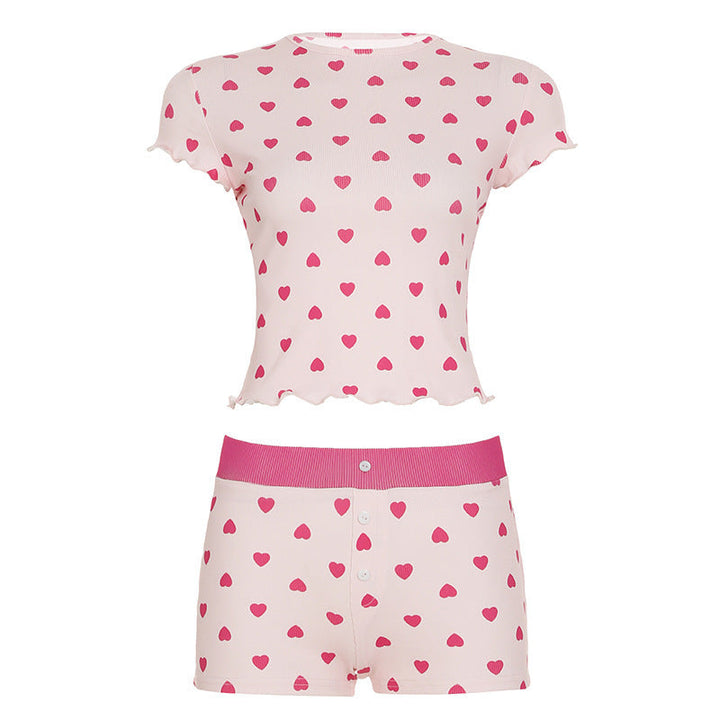 Dame todelt pyjamasett med søte hjerter, kortermet topp og shorts, mykt nattøy med elastisk midje.