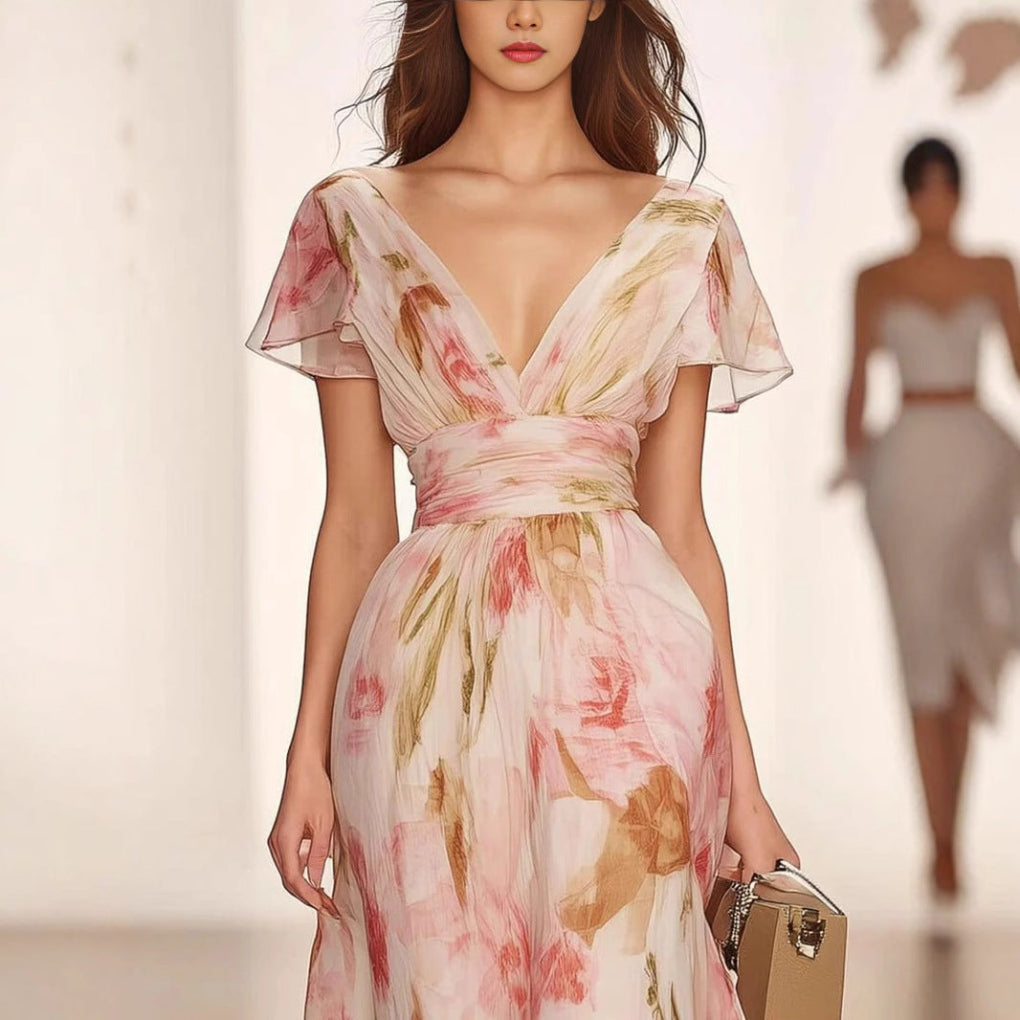 Stilig rosa sommer maxi kjole til dame med flutterermer og elegant Fit & Flare snitt, ideell for fritid og fest.