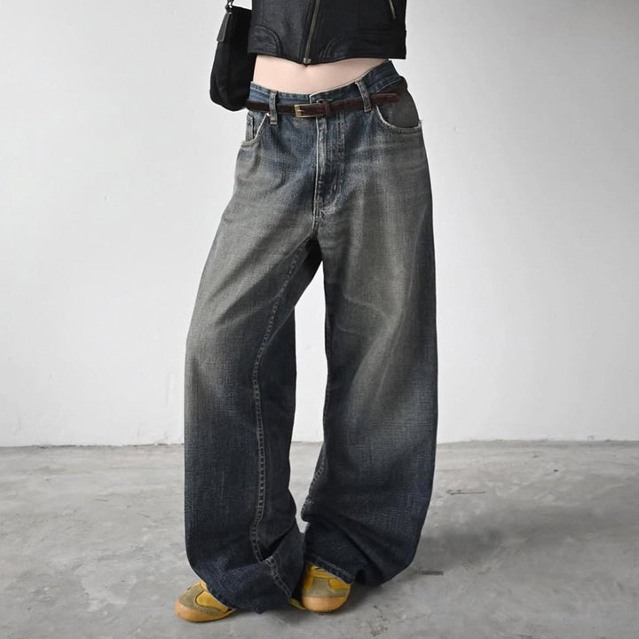 Dame avslappede chino denim jeans med høy midje i blått, perfekt for komfortabel fritid.