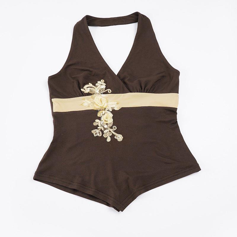 Damer Elegant Halter-badedrakt med Luksuriøse Broderier